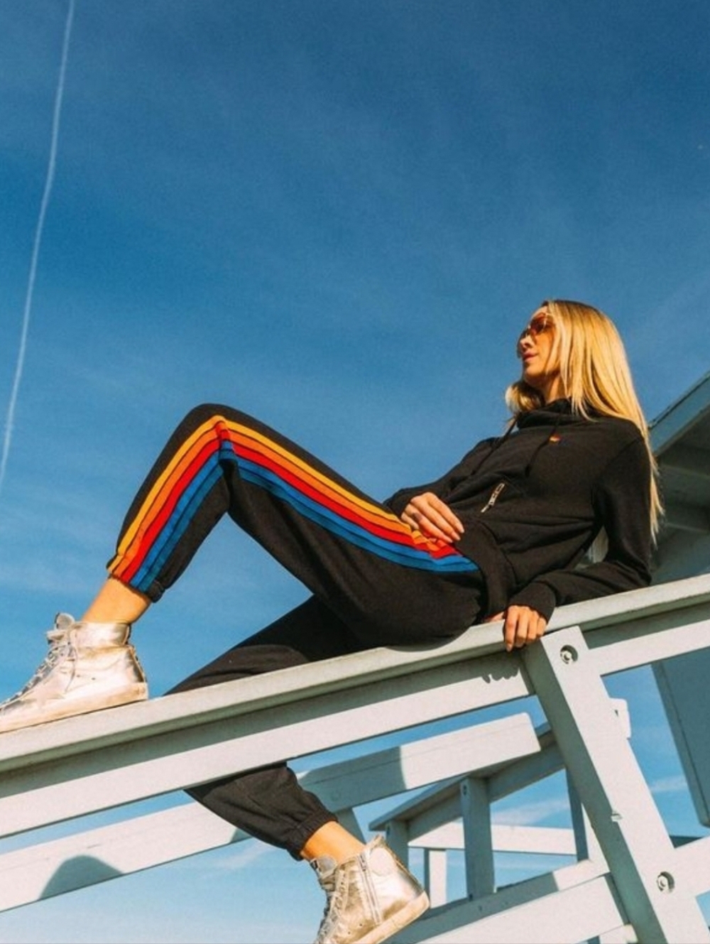 New Aviator Nation Women's 5 Stripe Jogger Sweatpants BLACK